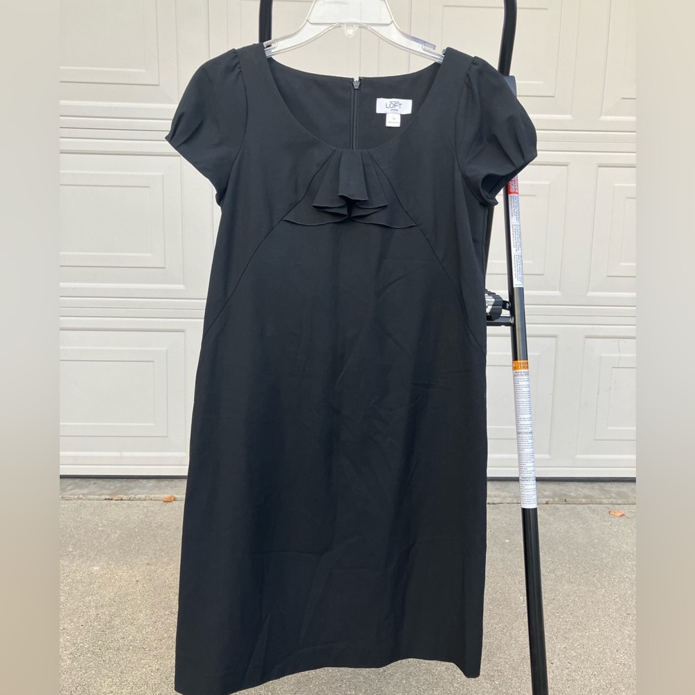 2P LOFT Black Sheath Puff Cap Sleeve Dress with Pleat Neck/Office/Work/Party